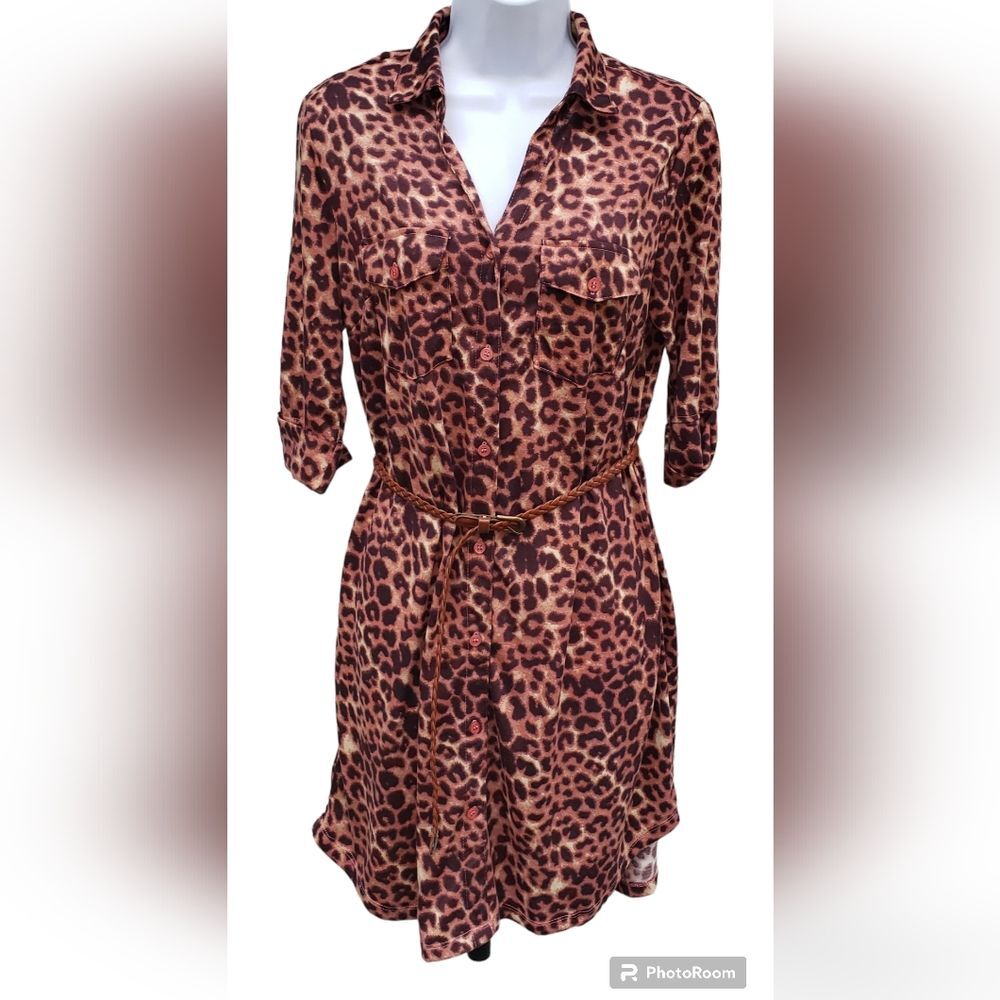 It Girl Leopard Print Shirt Dress Belted Size M